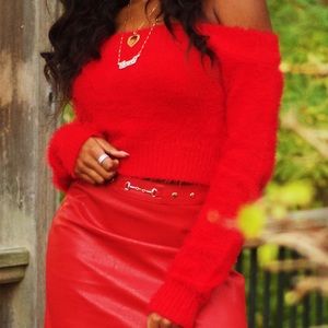 Cropped/Off of Shoulder Red Fuzzy Sweater!